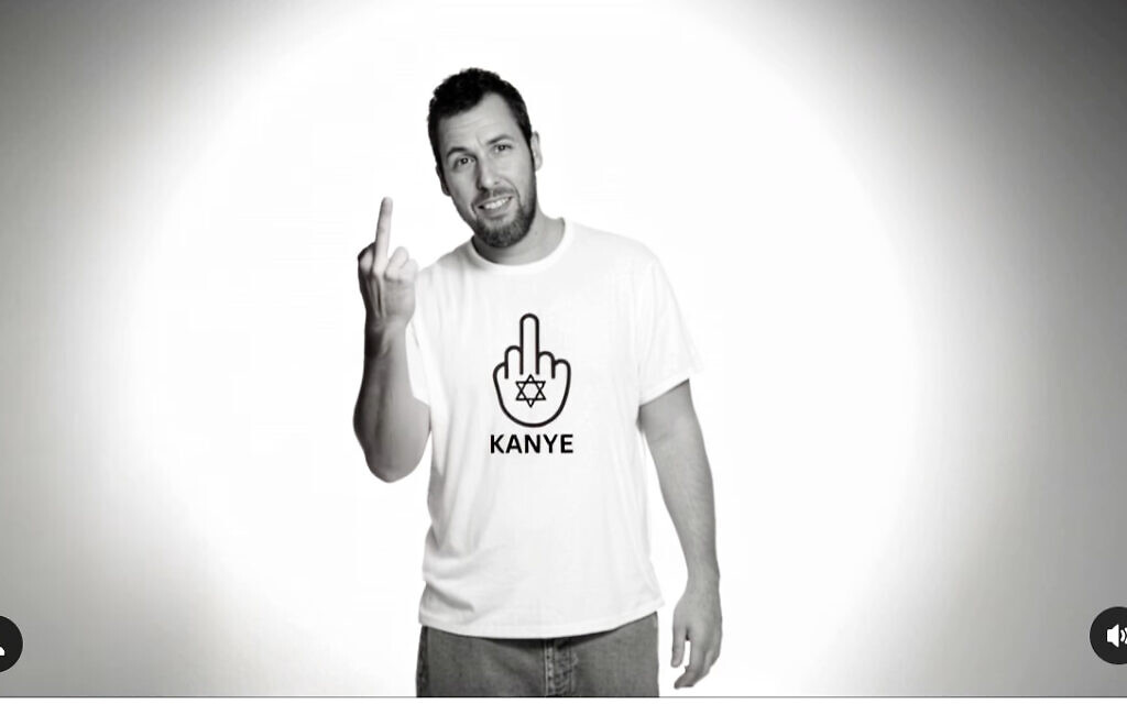 An AI-generated version of Adam Sandler appears in a celebrity-studded AI video rejecting Kanye West's antisemitism. (Screenshot)